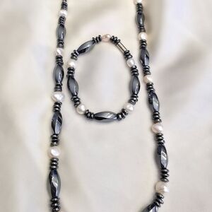 Hematite, Freshwater Pearl Silvertone Bracelet And Necklace Magnetic Clasp
